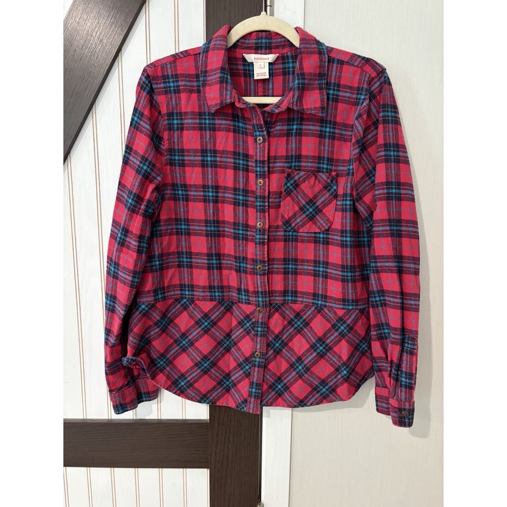 Sundance Red Plaid Flannel Button Down Shirt Large Womens Cotton Long Sleeve